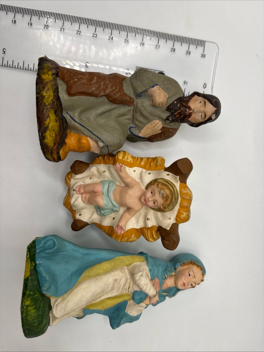Hand-Painted Nativity Figurine Trio - Blue, White, Brown